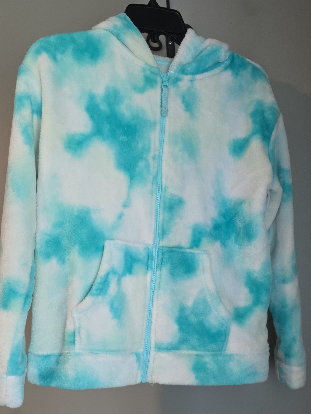 SO Plush Hooded Zip-Up Jacket in Aqua and White Tie-Dye Girl's XL 14/16